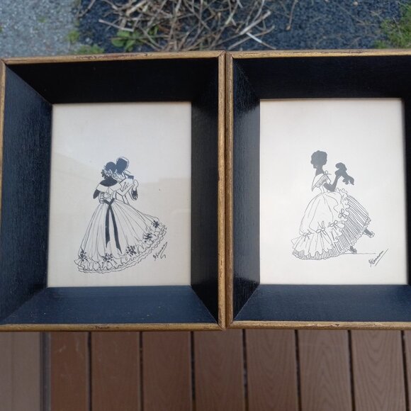 Vintage Woman Holding Dog and Couple Dancing Silhouettes Framed Wall Art Signed - Picture 9 of 16